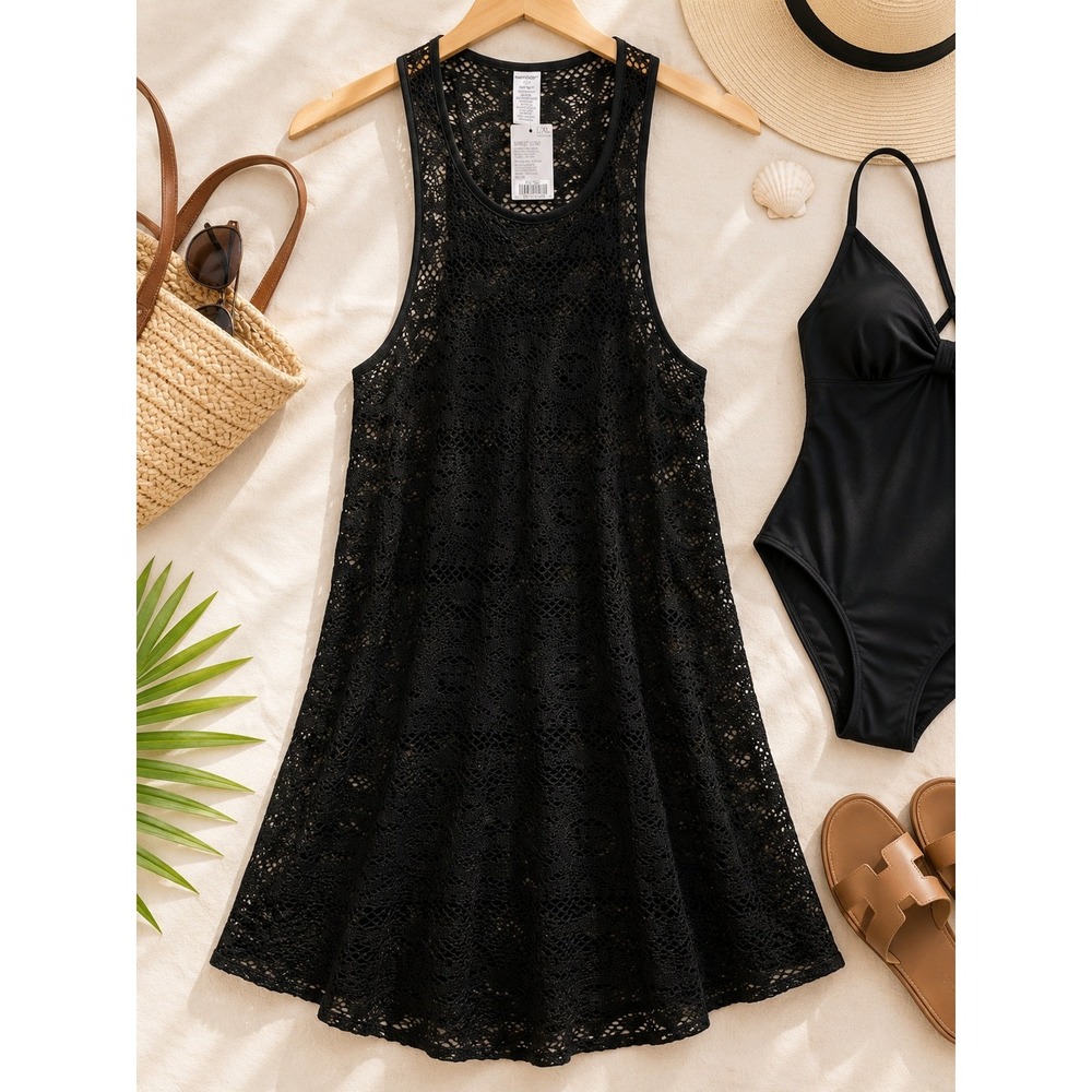 NWT‎ West Loop Black Crochet Lace Swim Cover Up Dress L/XL Beach Cover-Up